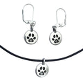 Dragonweave Paw Circle Charm Necklace and Earring Set, Silver Plated Black Leather Choker and Leverback Earrings