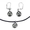Dragonweave Recovery Triangle Circle Charm Necklace and Earring Set, Silver Plated Black Leather Choker and Leverback Earrings