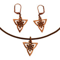 Dragonweave Celtic Trine Charm Necklace and Earring Set, Antique Copper Brown Leather Choker and Leverback Earrings