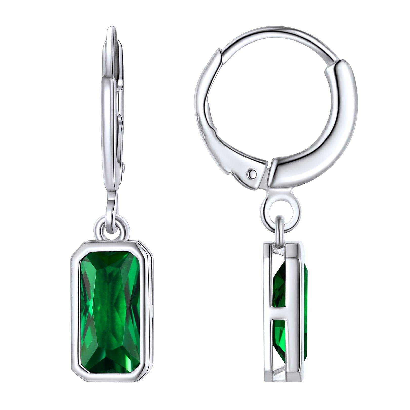 Silver Square Birthstone Dangle Hoop Earrings for