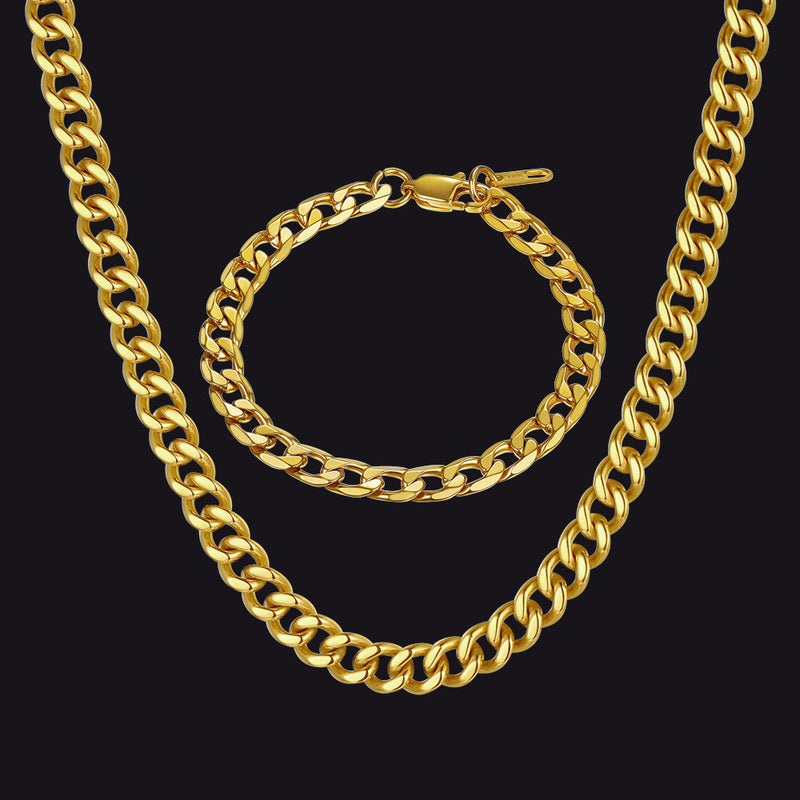 9mm Sturdy Cuban Link Chain & Bracelet Set for