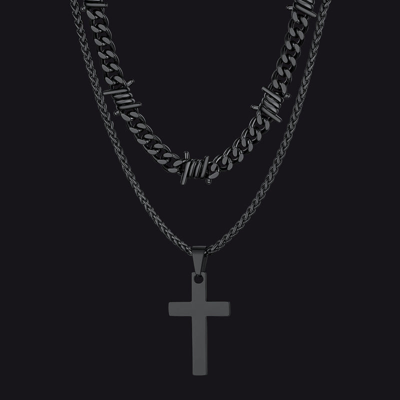 Barbed Wire Cuban Chain & Cross Layered Necklaces Set for