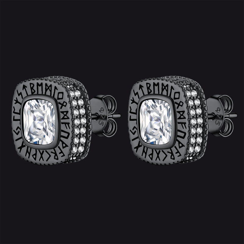 Cushion Cut Diamond Stud Earrings With Viking Runes in Sterling Silver