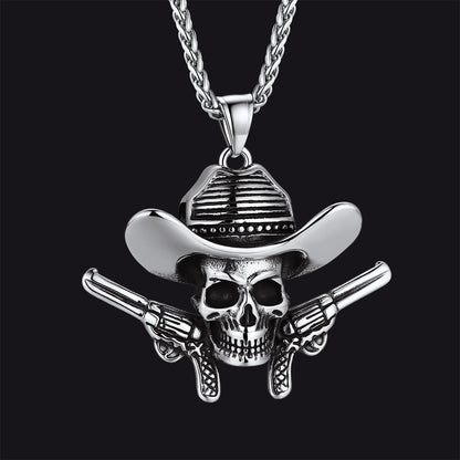 Gothic Cowboy Skull Pendant Necklace for