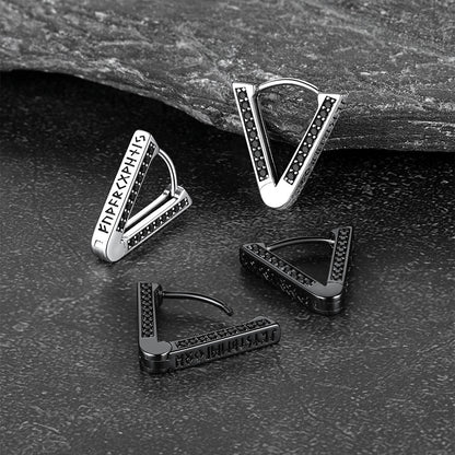 Sterling Silver Viking Triangle Huggie Hoop Earrings With Black Zirconia for