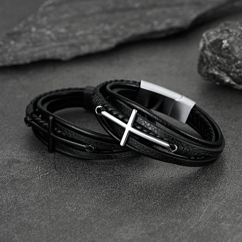 Christian Cross Multi-layer Braided Leather Bracelet for