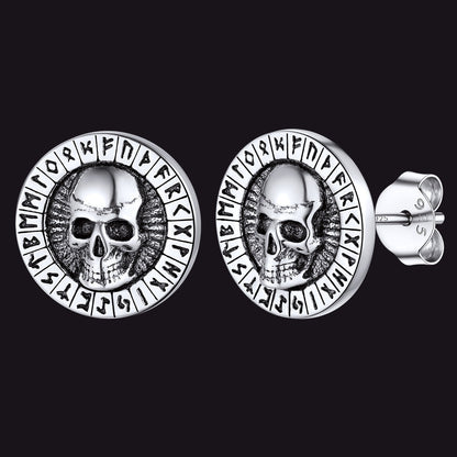 Sterling Silver Runes Skull Earrings Studs for