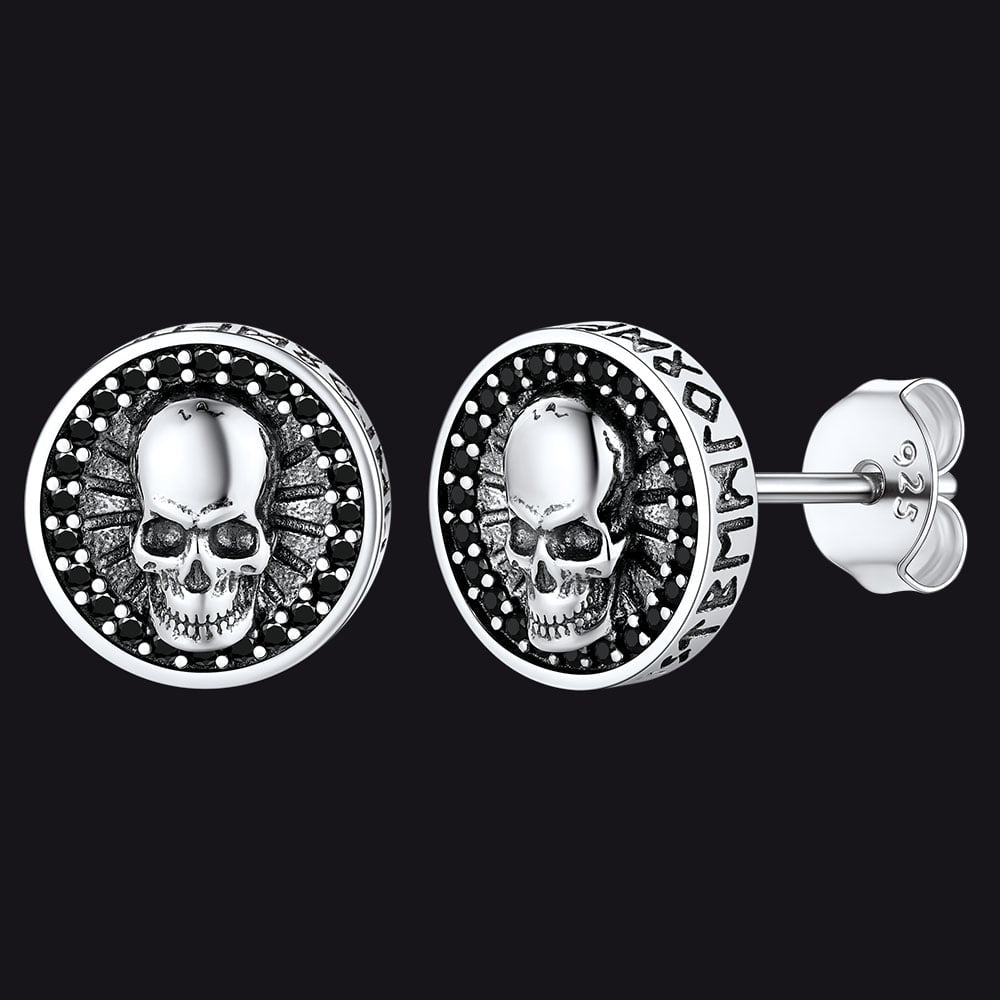 Skull Stud Earrings With Runes in Sterling Silver