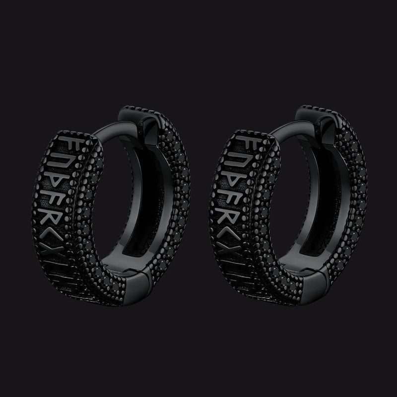 Sterling Silver Viking Runes Hoop Earrings With Black Zirconia for