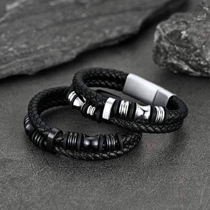 Viking Black Engraved Leather Braided Wristband Bracelet for