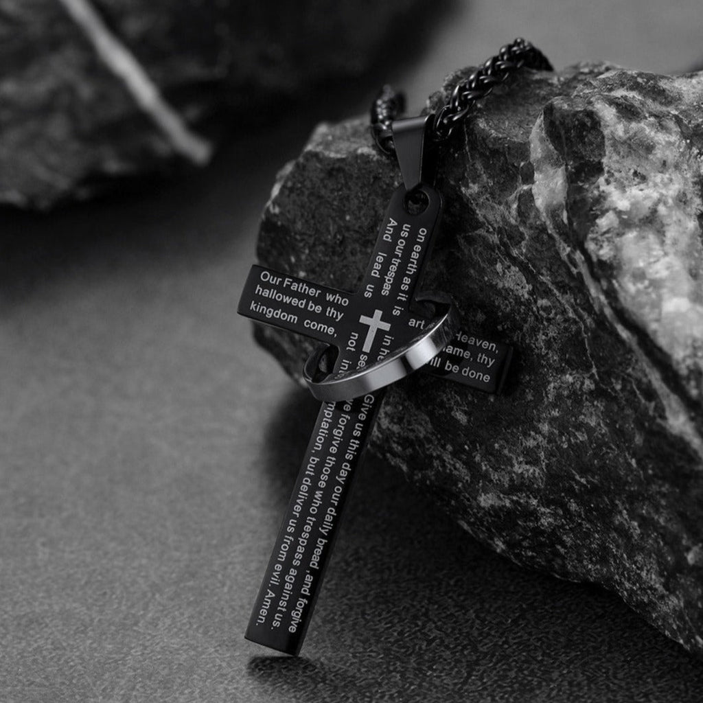 Lord's Prayer Cross Necklace With Halo Ring for
