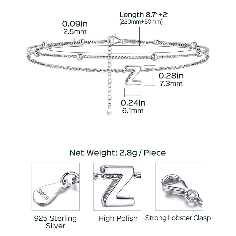 925 Sterling Silver Bead Chain Layered Initial Anklets for Girlfriend Gift