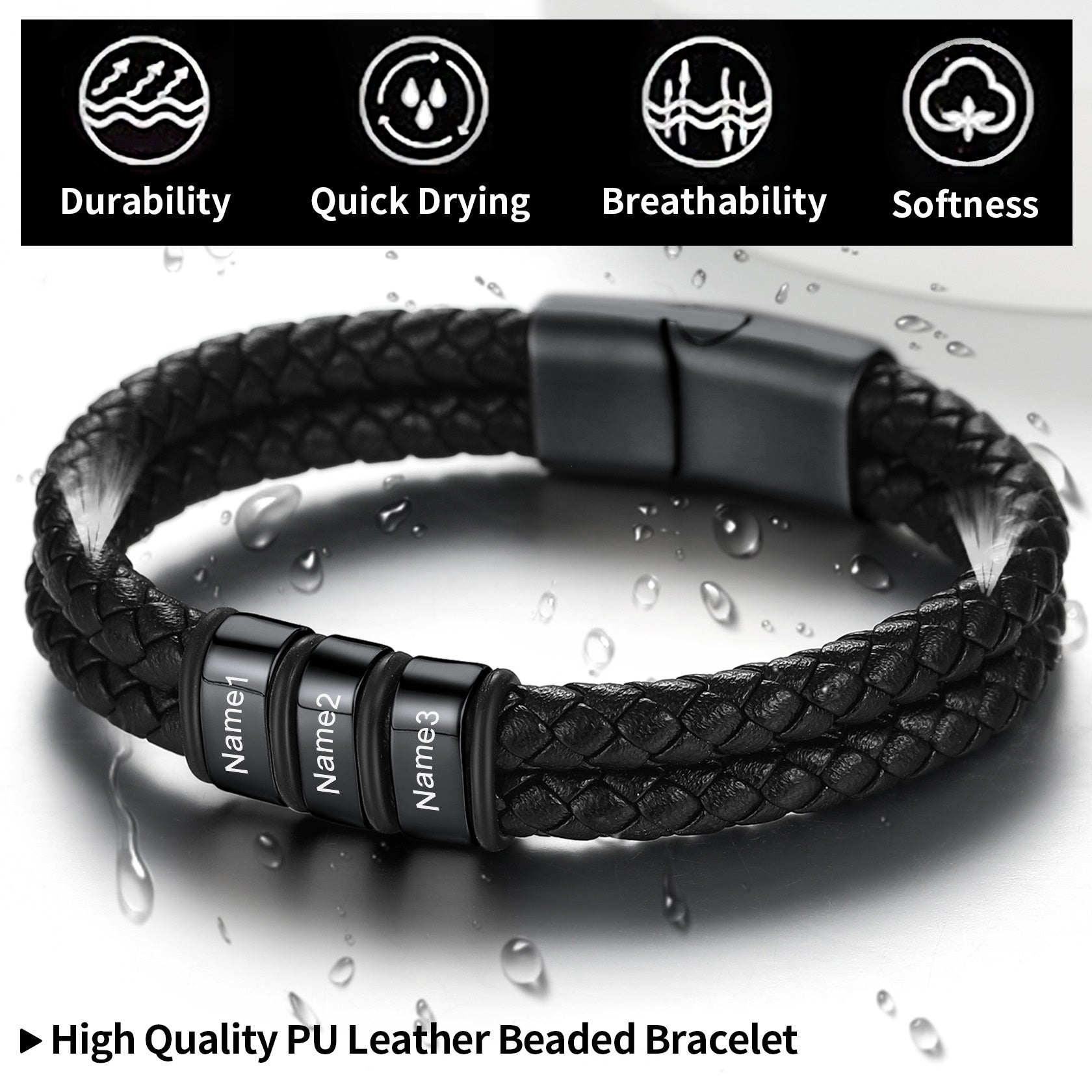 Personalized Braided Leather Bracelet With Engraved Name Beaded for