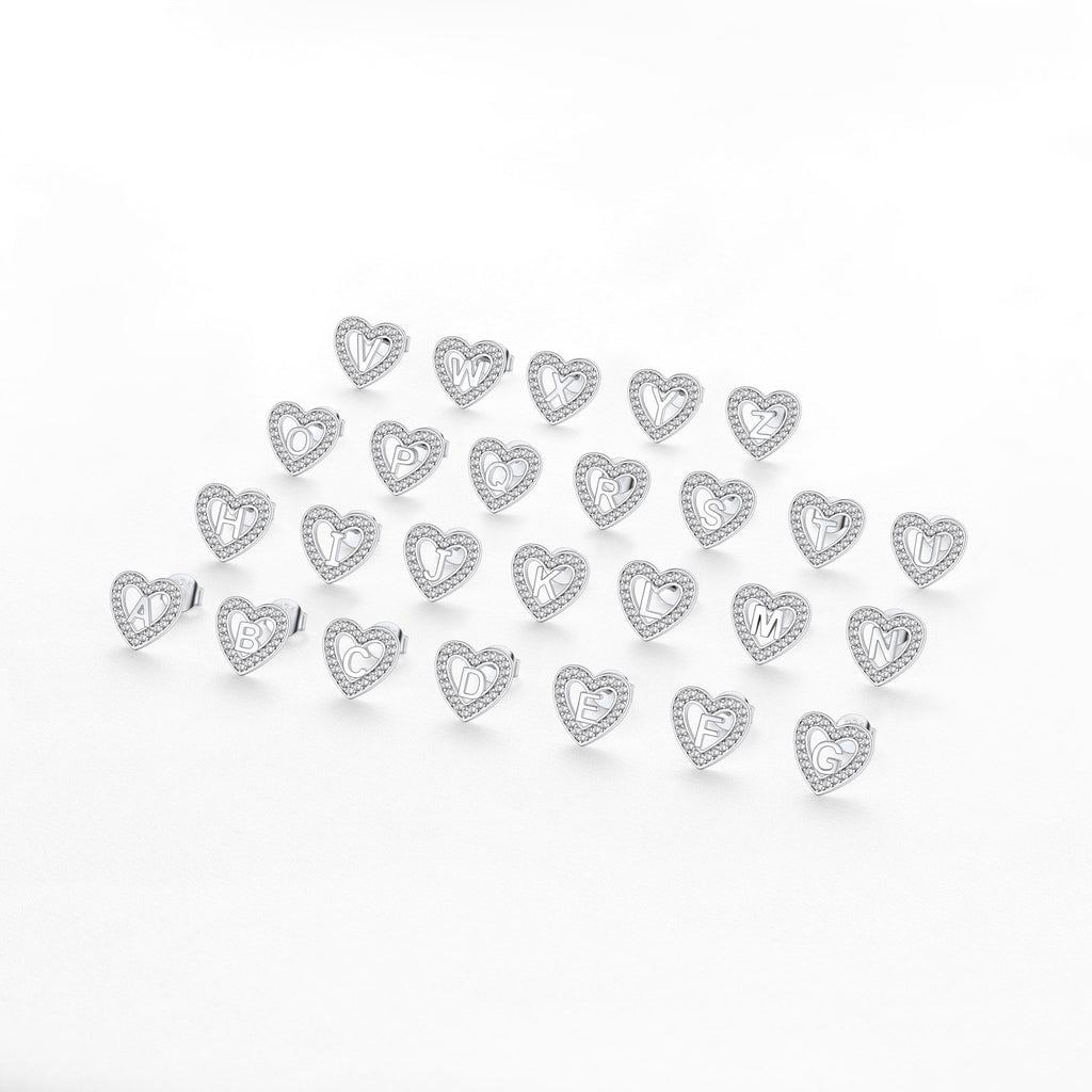 Silver Heart Initial Letter Stud Cubic Zirconia Earrings for Girl