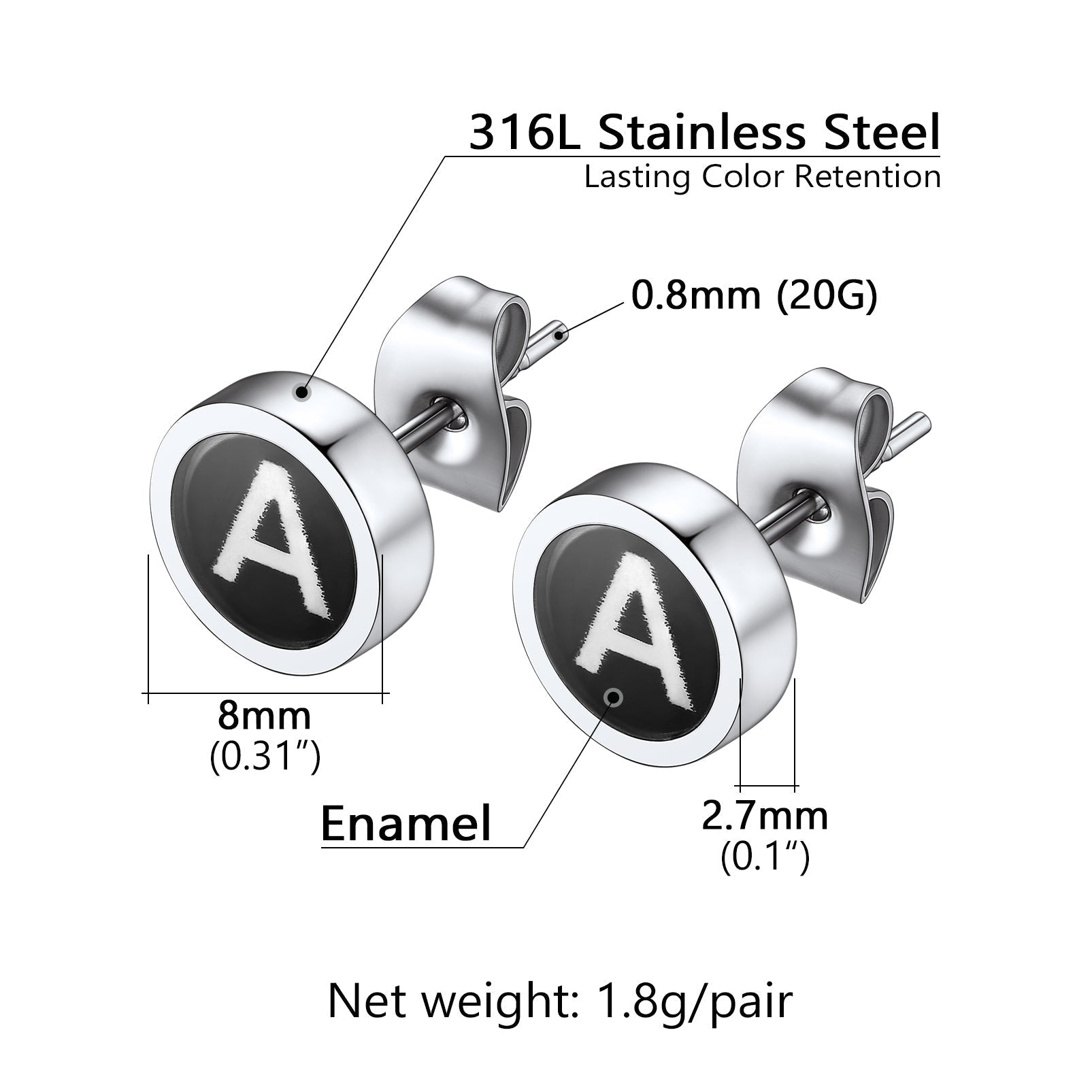 Personalized Black Enamel Initial Letter Stud Earrings for