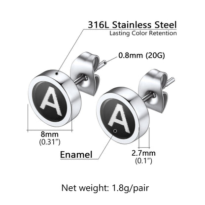Personalized Black Enamel Initial Letter Stud Earrings for