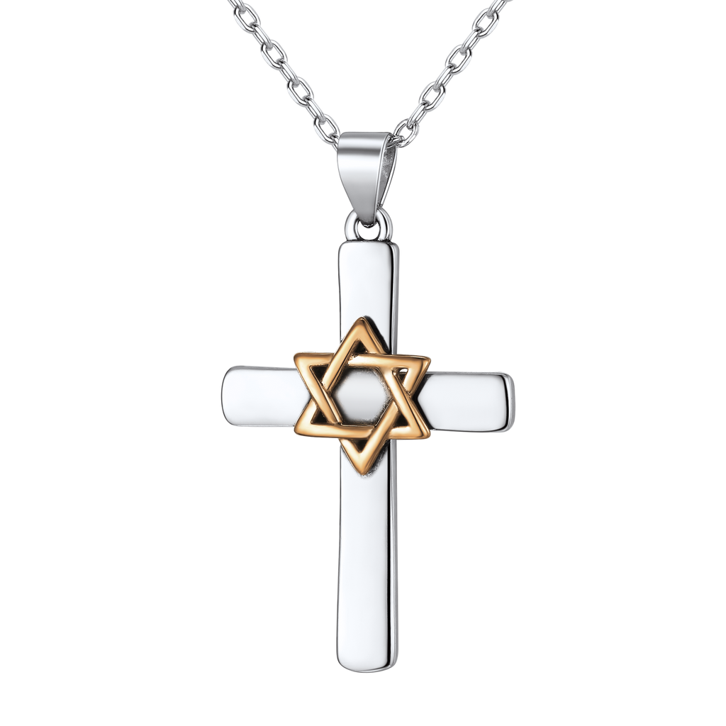 Silver Cross Star of David Pendant Necklace for