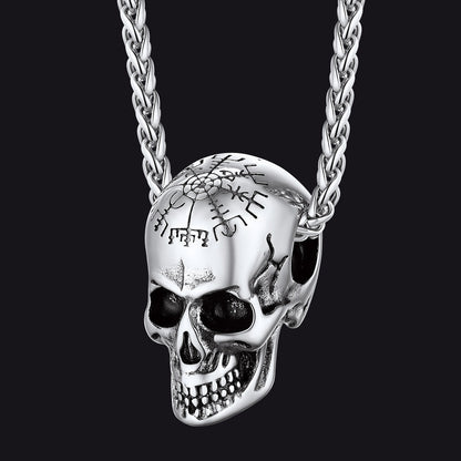 Nordic Viking Compass Skull Pendant Necklace for