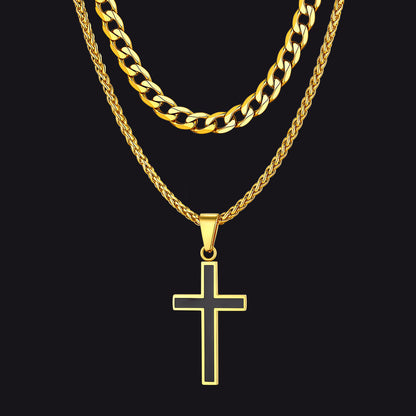 Cuban Curb Chain & Enamel Cross Layered Necklaces Set for