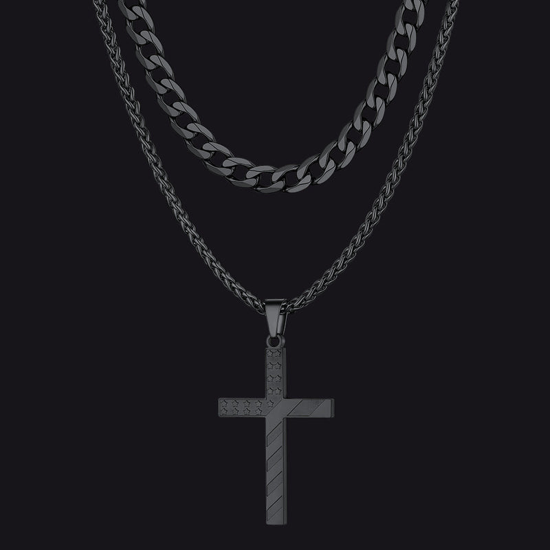 Cuban Chain & American Flag Cross Layered Necklaces Set for