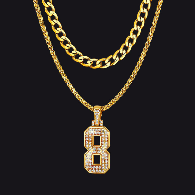 Cuban Chain & Baseball Jersey Number Layered Necklaces Set for