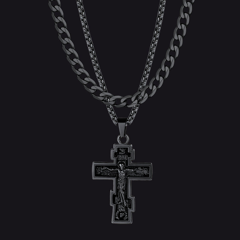 Cuban Chain & Russian Orthodox Cross Pendant Necklace Set for Father