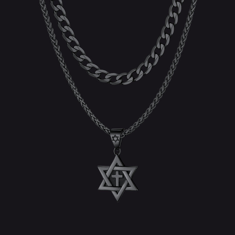 Curb Chain & Star of David With Cross Layered Necklaces Set for
