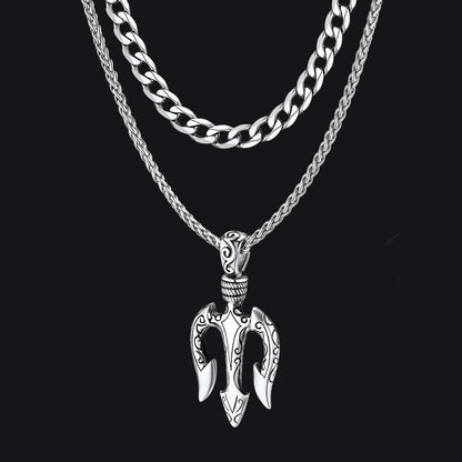 Poseidon Trident & Curb Chain Layered Necklaces Set for