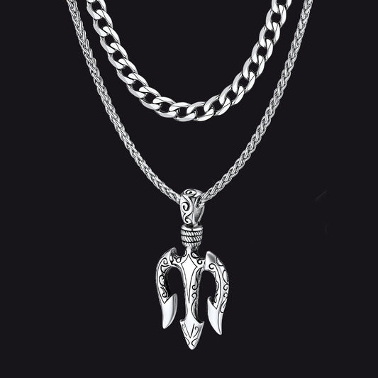 Poseidon Trident & Curb Chain Layered Necklaces Set for