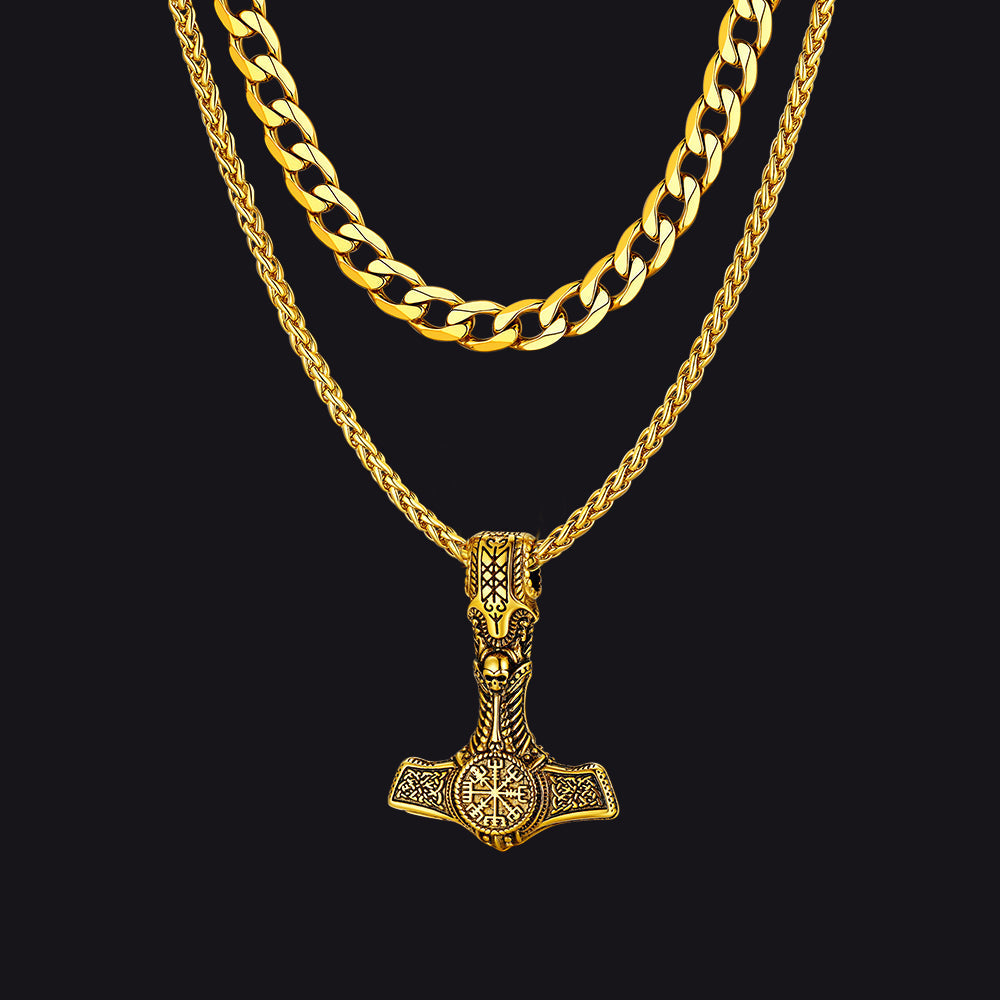 Cuban Curb Chain & Thor's Hammer Layered Necklaces Set for