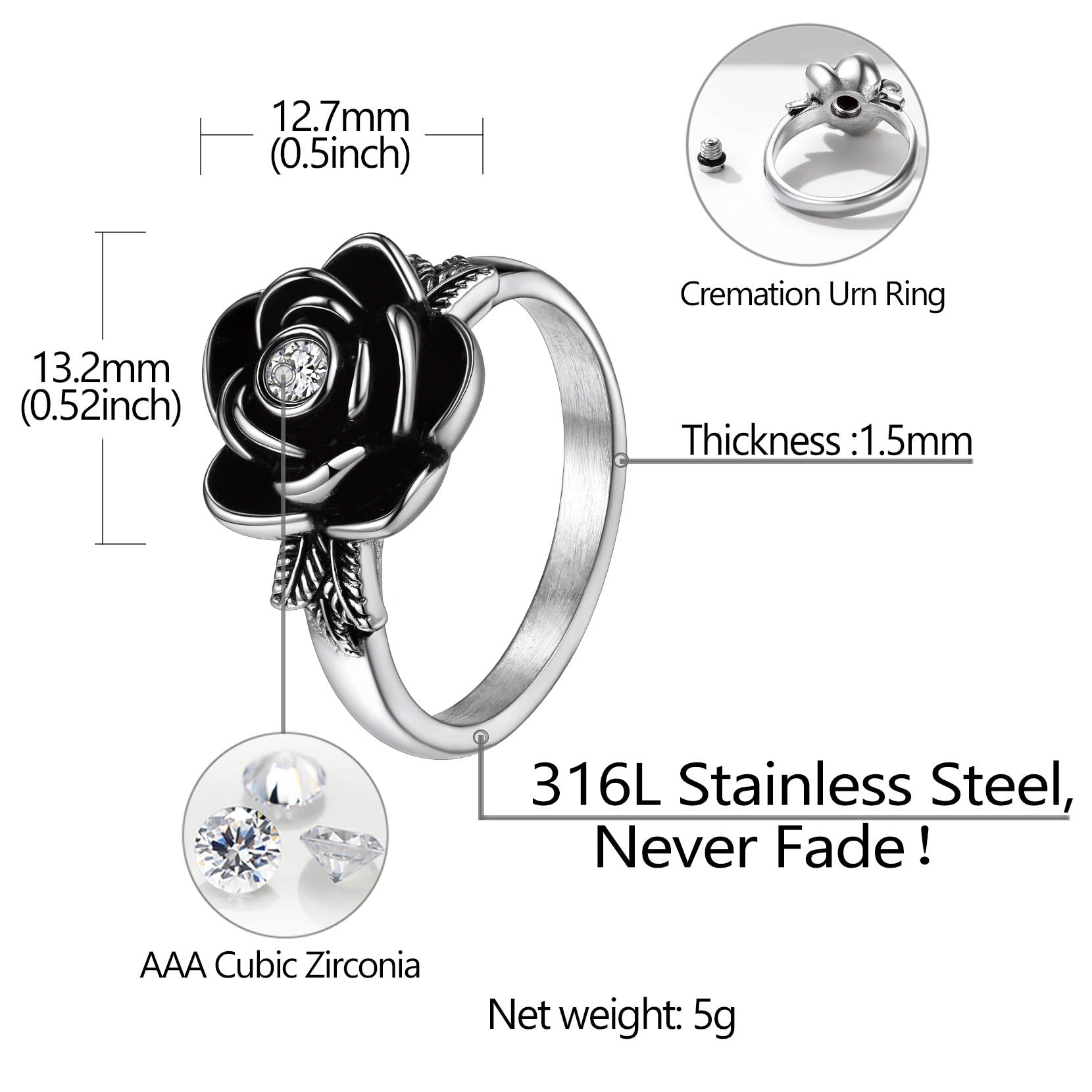 Personalized Cremation Rose Urn Ashes Ring With Birthstone for