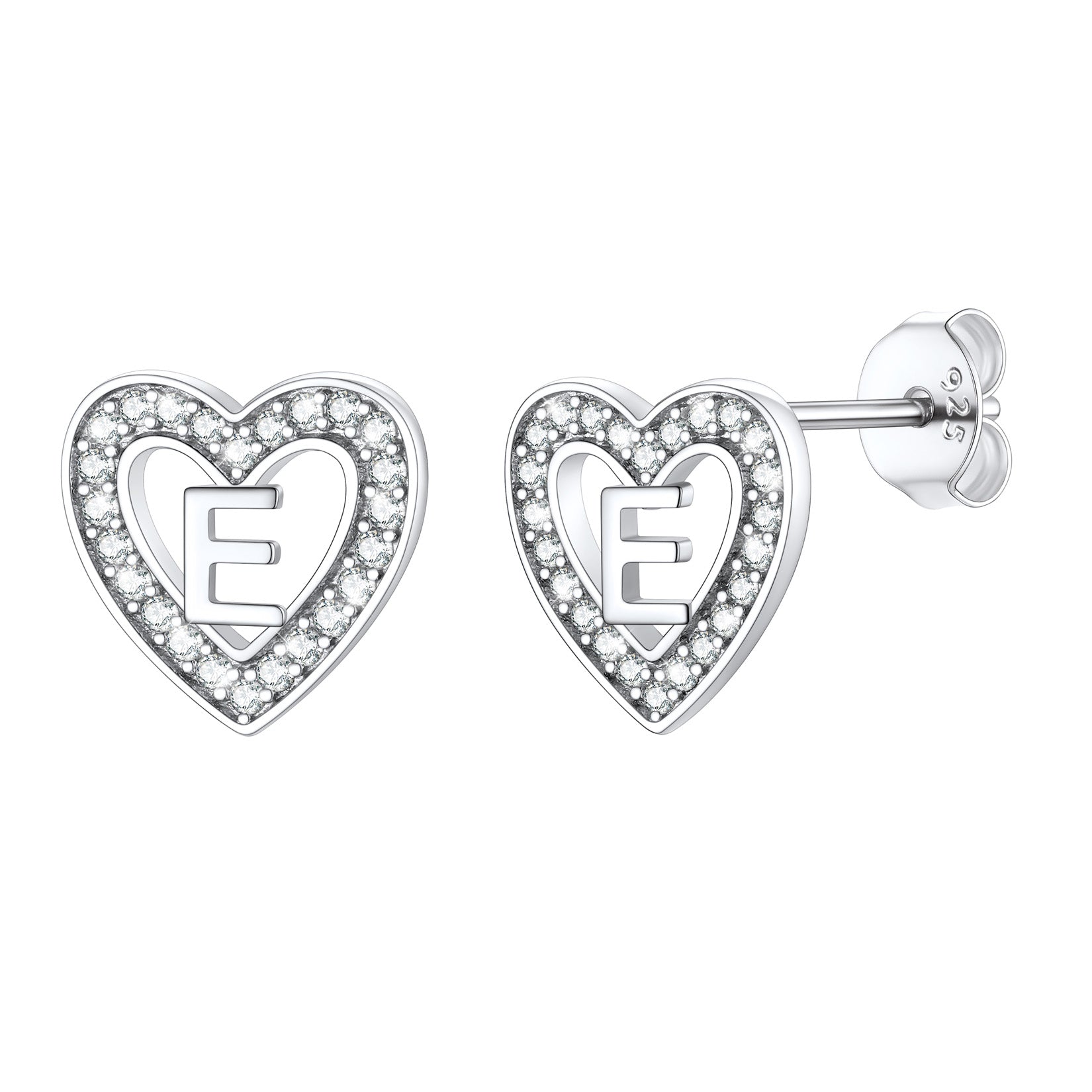 Silver Heart Initial Letter Stud Cubic Zirconia Earrings for Girl