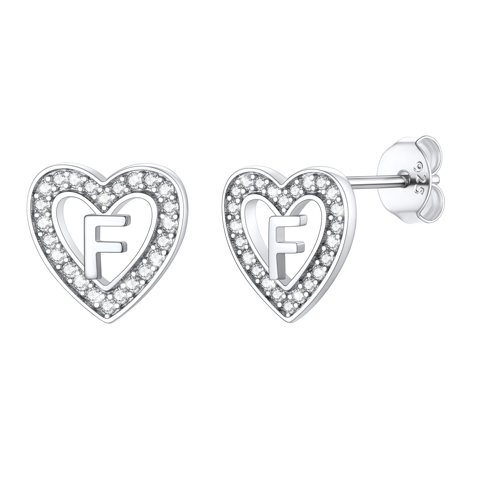 Silver Heart Initial Letter Stud Cubic Zirconia Earrings for Girl