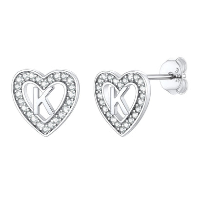 Silver Heart Initial Letter Stud Cubic Zirconia Earrings for Girl