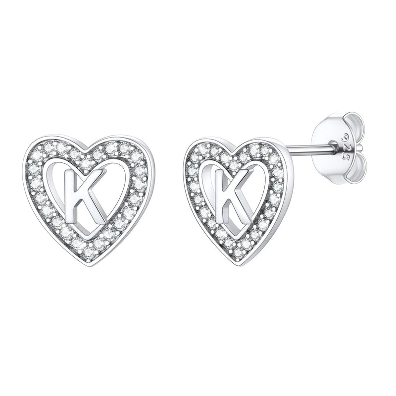 Silver Heart Initial Letter Stud Cubic Zirconia Earrings for Girl