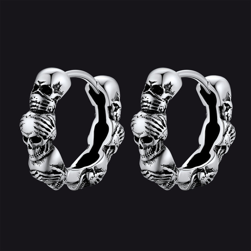 Sterling Silver Skulls Hoop Huugie Earrings for