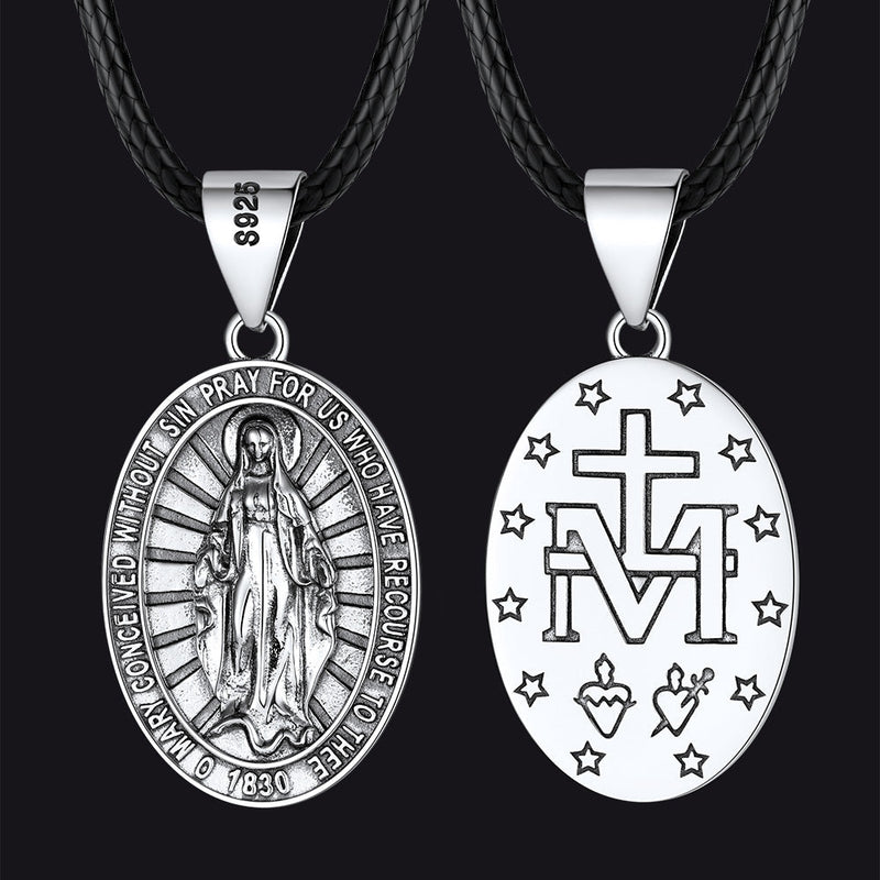 Sterling Silver Virgin Mary Necklace Medallion With Leather Chain