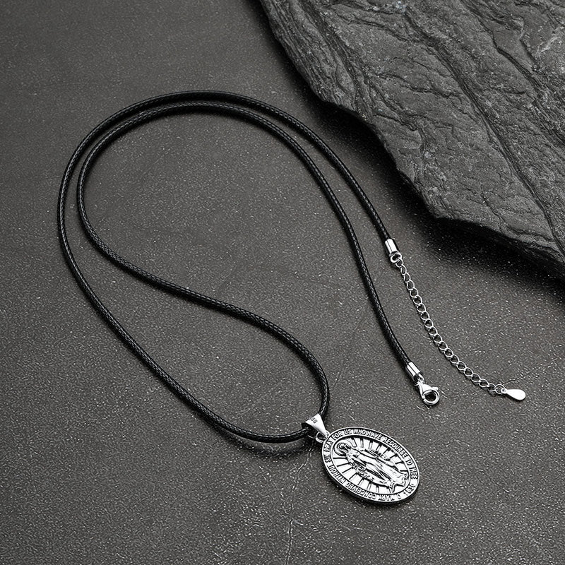 Sterling Silver Virgin Mary Necklace Medallion With Leather Chain