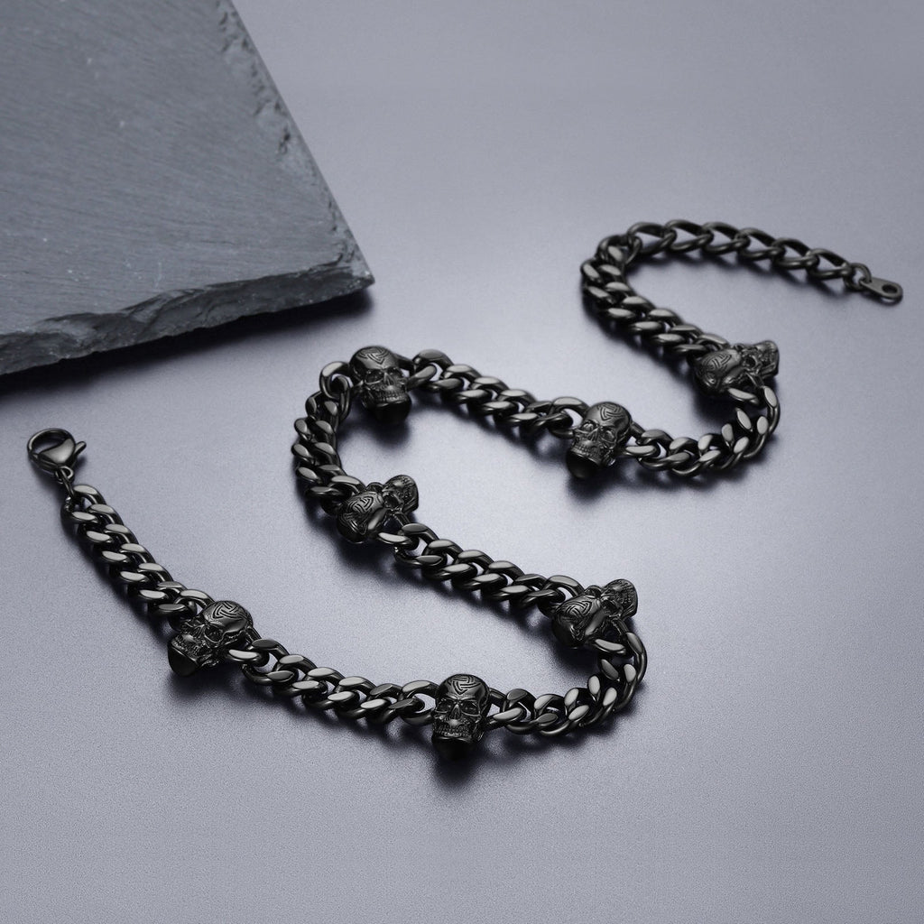 Gothic Skull Cuban Chain & Cornicello Italian Horn Layered Pendant Set for