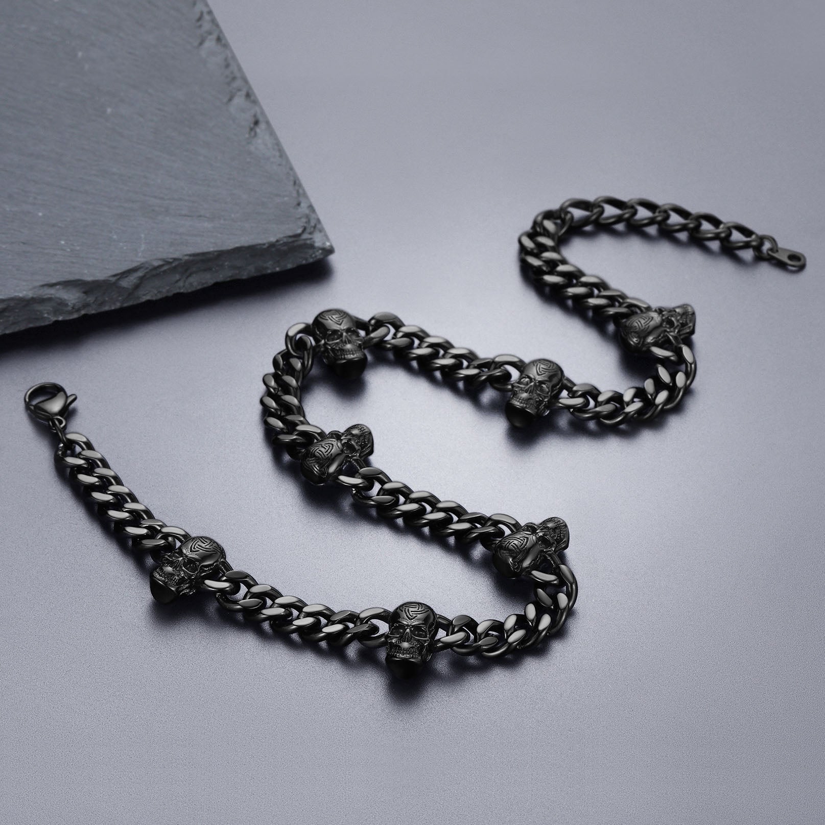 Gothic Skull Cuban Chain & Cross Layered Pendant Set for