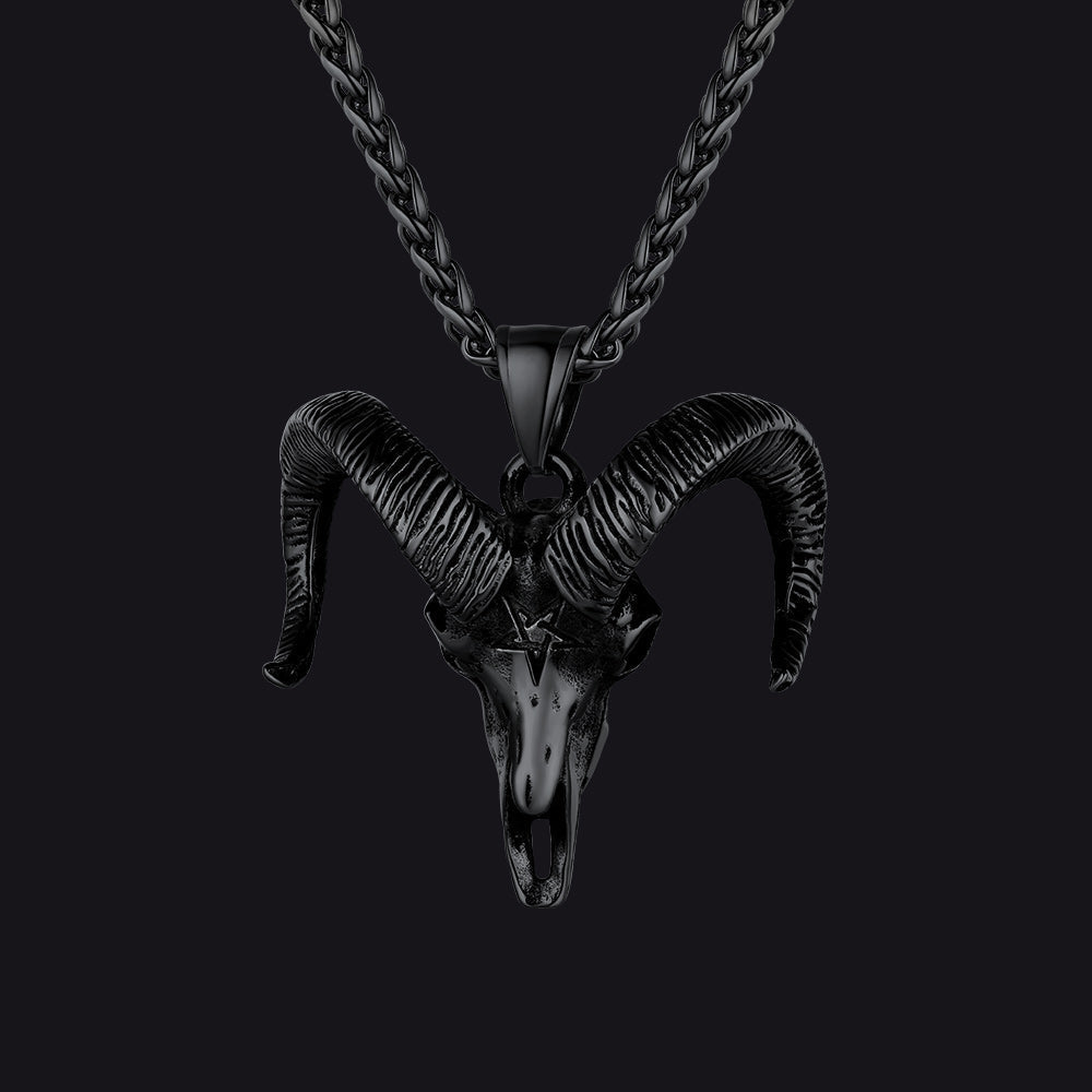 Satanic Goat Skull Head Necklace With Invert Pentagram