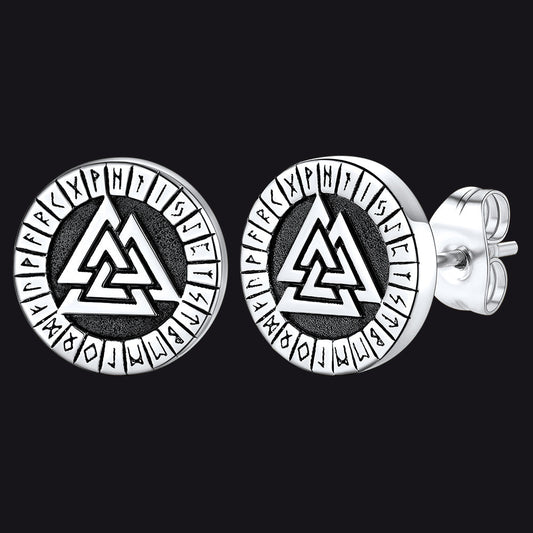 Viking Valknut Black Stud Earrings for With Runes