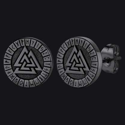 Viking Valknut Black Stud Earrings for With Runes