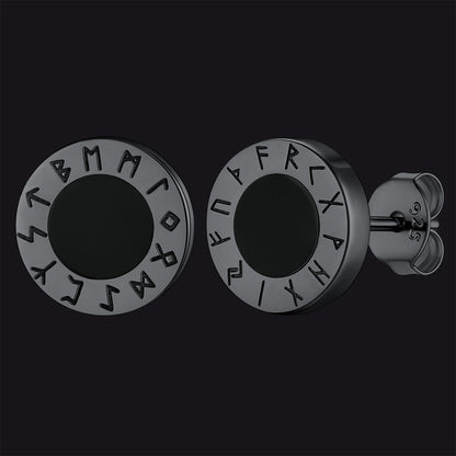 Sterling Silver Viking Runes Black Onyx Stud Earrings for
