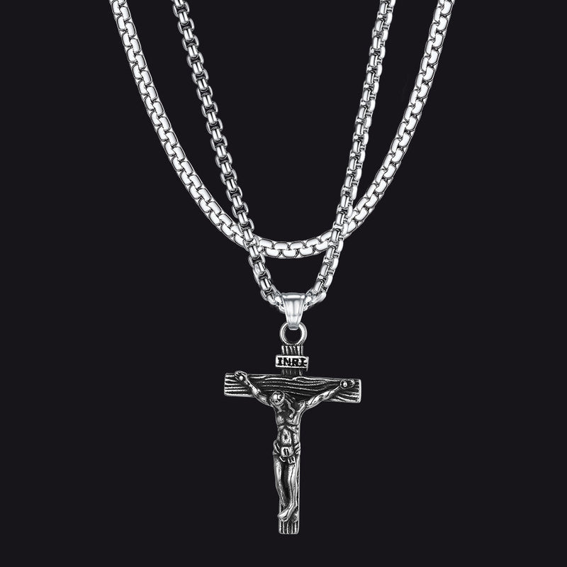 Flat Box Chain & Jesus Cross Layered Necklaces Set for