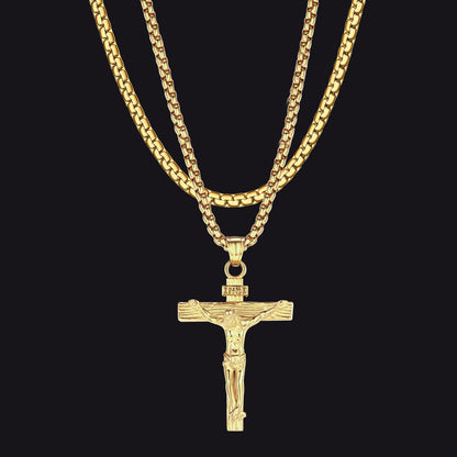 Flat Box Chain & Jesus Cross Layered Necklaces Set for