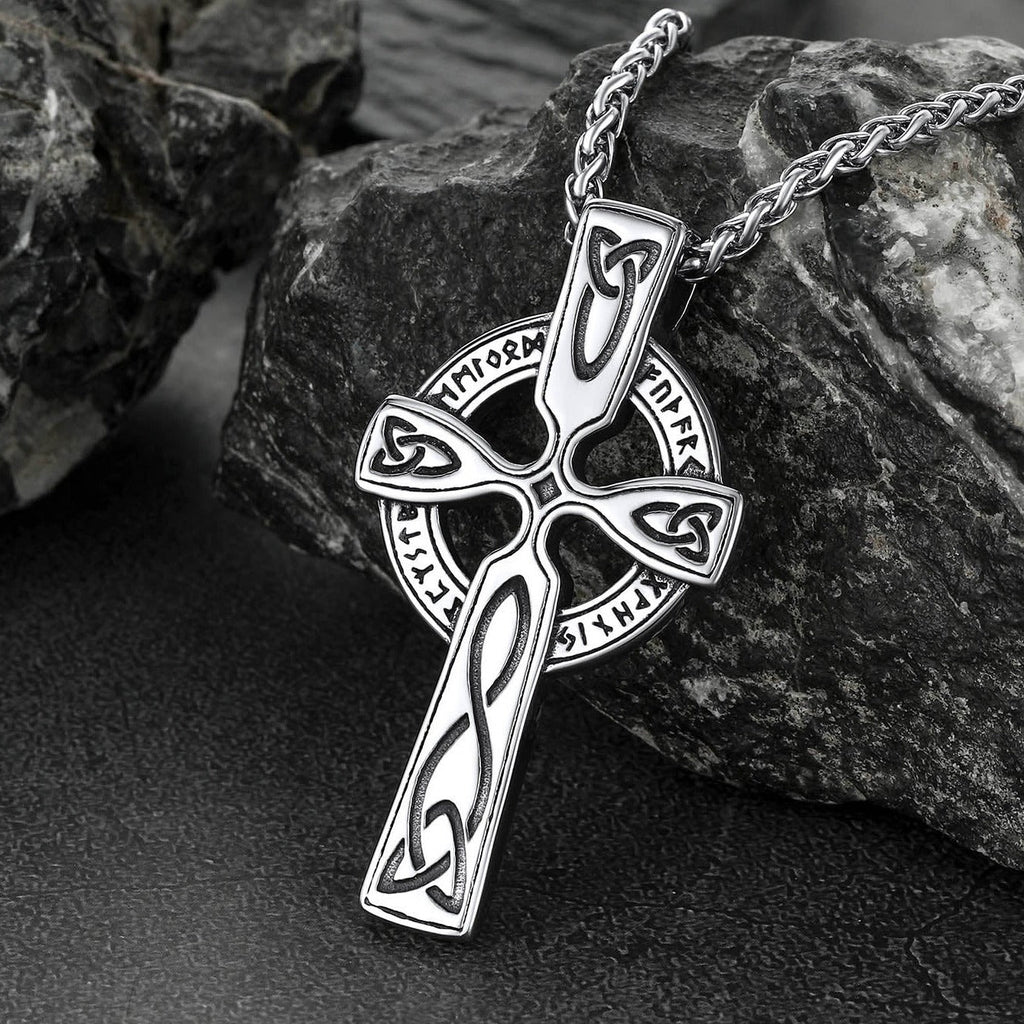 Irish Celtic Cross Pendant Necklace With Viking Runes for