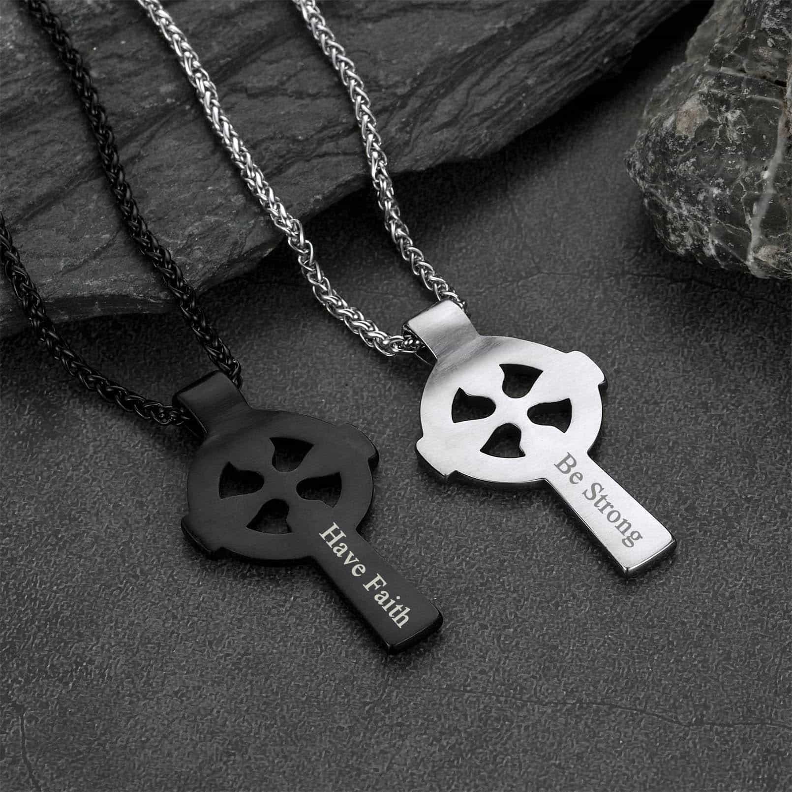 Irish Celtic Cross Pendant Necklace With Viking Runes for