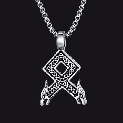 Viking Othala Rune Wolf Heads Pendant Necklace for