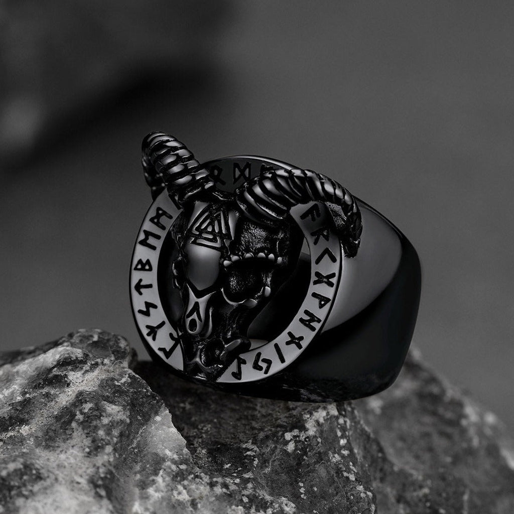 Satanic Goat Skull Ring With Viking Runes for